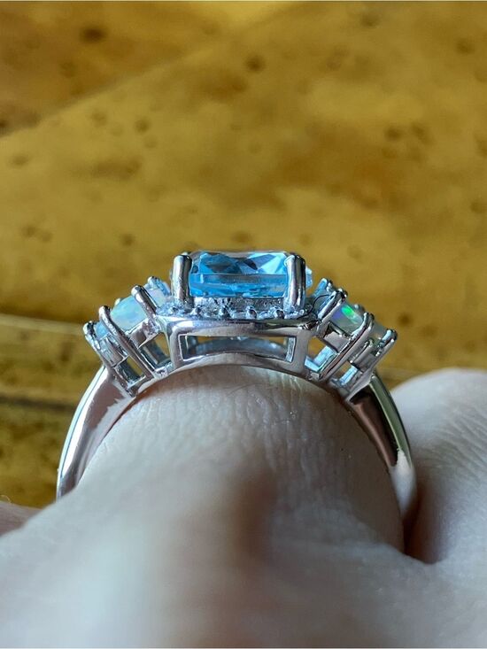 STS 925 Sterling S. Ethiopian Opal Blue Topaz Black & Clear  Genuine Sky Blue Topaz Ethiopian Opal Sterling Silver Ring Size 6